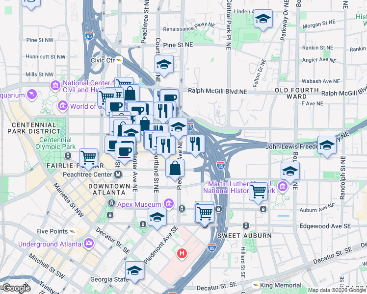 map of restaurants, bars, coffee shops, grocery stores, and more near 222 Piedmont Avenue Northeast in Atlanta