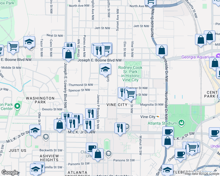 map of restaurants, bars, coffee shops, grocery stores, and more near 215 Griffin Street Northwest in Atlanta