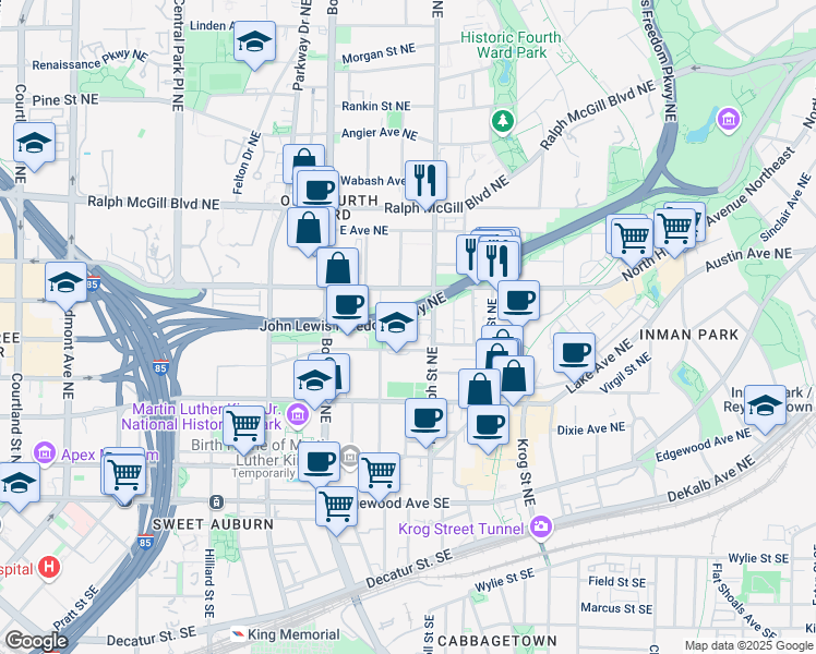 map of restaurants, bars, coffee shops, grocery stores, and more near 544 Bishop Way Northeast in Atlanta