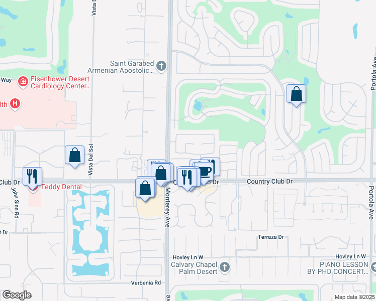 map of restaurants, bars, coffee shops, grocery stores, and more near 230 Strada Fortuna in Palm Desert