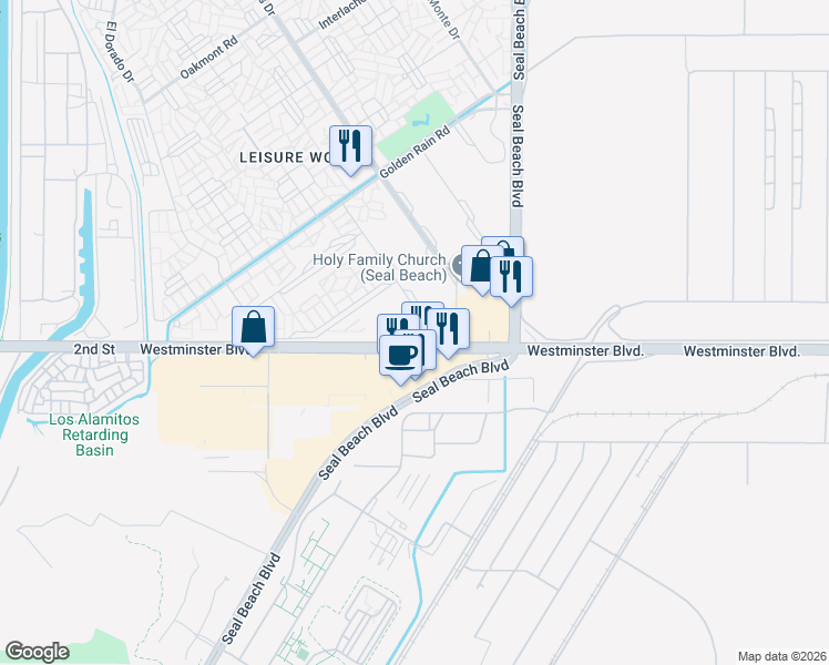 map of restaurants, bars, coffee shops, grocery stores, and more near 13960 Thunderbird Drive in Seal Beach