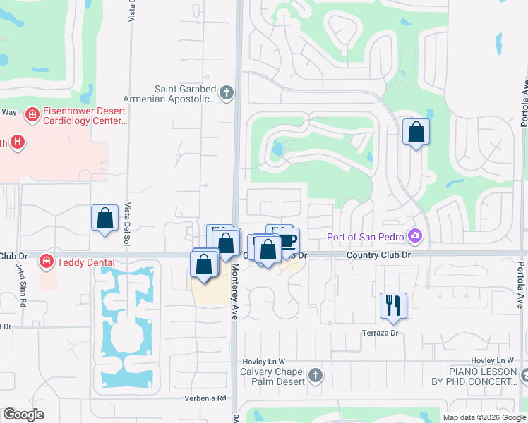 map of restaurants, bars, coffee shops, grocery stores, and more near 230 Strada Fortuna in Palm Desert