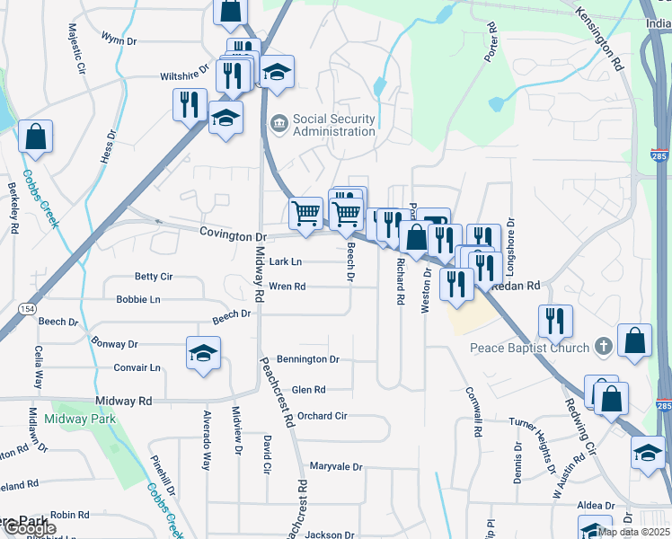 map of restaurants, bars, coffee shops, grocery stores, and more near 3550 Beech Drive in Decatur
