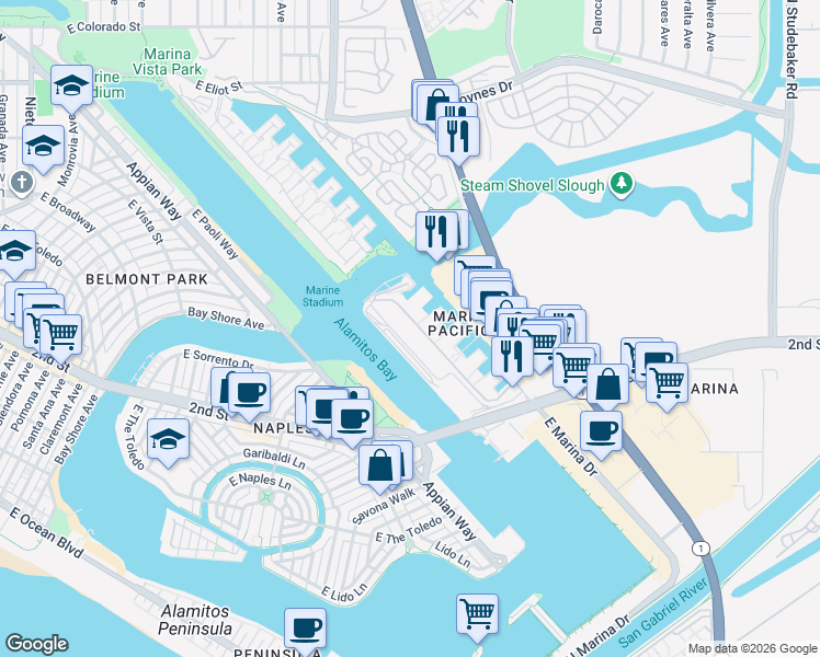 map of restaurants, bars, coffee shops, grocery stores, and more near 6112 Marina Pacifica Drive in Long Beach