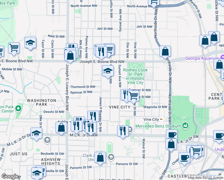 map of restaurants, bars, coffee shops, grocery stores, and more near 199 Griffin Street Northwest in Atlanta