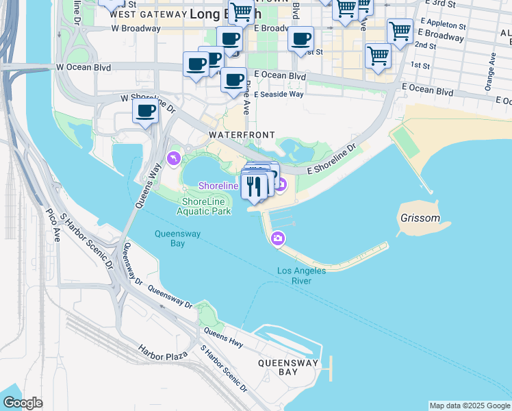 map of restaurants, bars, coffee shops, grocery stores, and more near 429 Shoreline Village Drive in Long Beach
