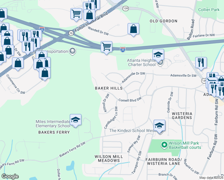 map of restaurants, bars, coffee shops, grocery stores, and more near 4069 Cornell Blvd SW in Atlanta