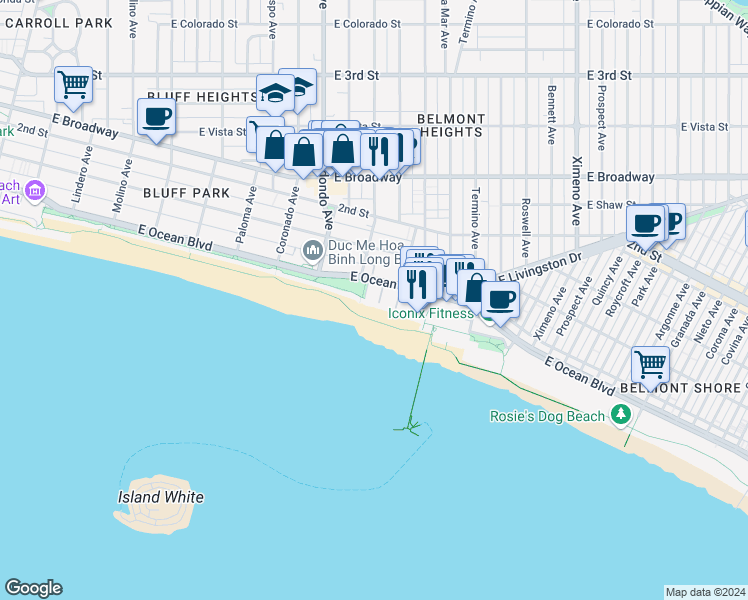 map of restaurants, bars, coffee shops, grocery stores, and more near 16 South 36th Place in Long Beach