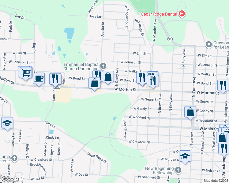 map of restaurants, bars, coffee shops, grocery stores, and more near 1800 West Morton Street in Denison