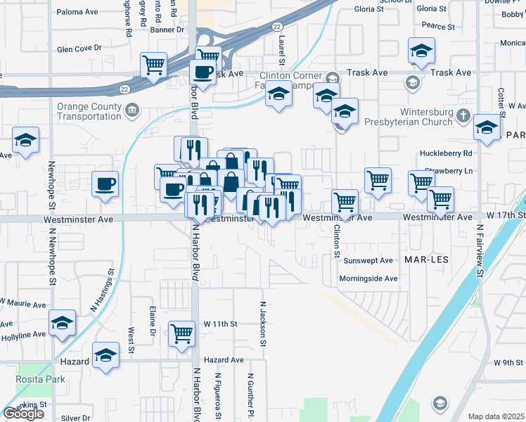 map of restaurants, bars, coffee shops, grocery stores, and more near 13931 Enterprise Drive in Garden Grove