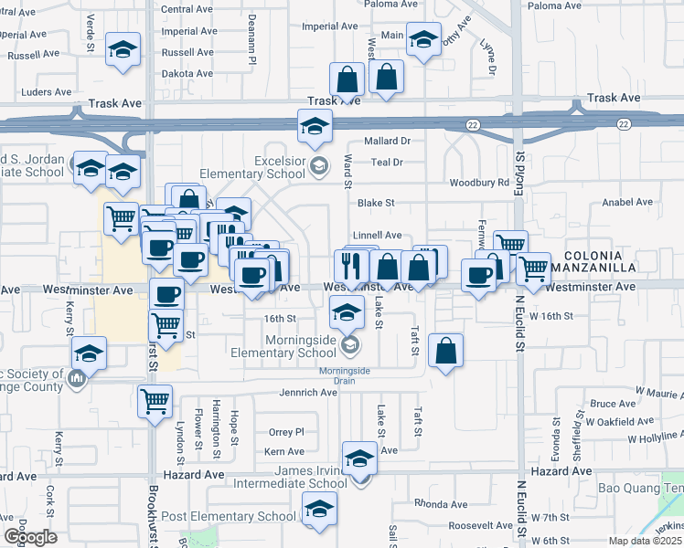 map of restaurants, bars, coffee shops, grocery stores, and more near 13941 Ward Street in Garden Grove