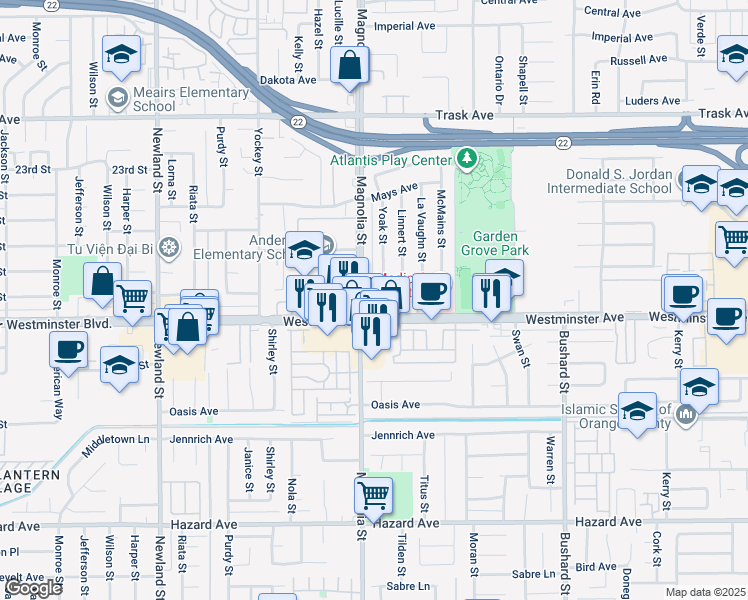 map of restaurants, bars, coffee shops, grocery stores, and more near 13944 Magnolia Street in Garden Grove