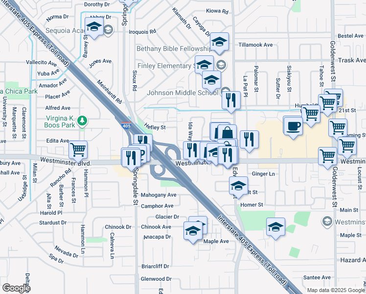 map of restaurants, bars, coffee shops, grocery stores, and more near 13900 Milton Avenue in Westminster