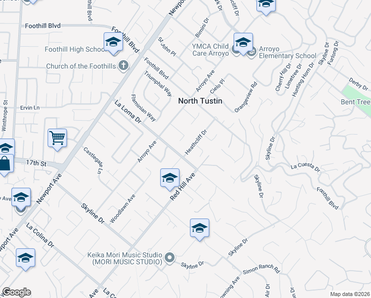 map of restaurants, bars, coffee shops, grocery stores, and more near 11701 Heathcliff Drive in Santa Ana