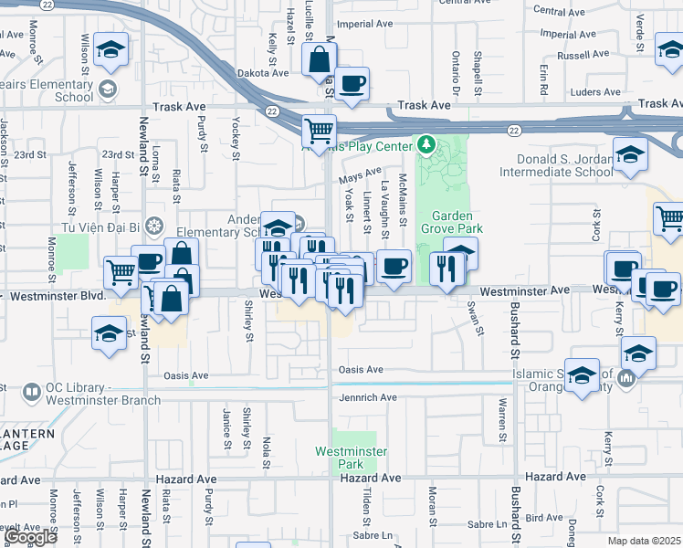 map of restaurants, bars, coffee shops, grocery stores, and more near 13944 Magnolia Street in Garden Grove