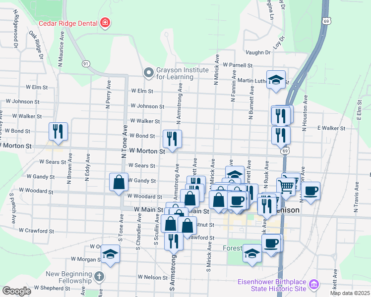map of restaurants, bars, coffee shops, grocery stores, and more near 717 West Morton Street in Denison