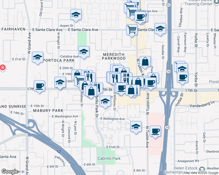 map of restaurants, bars, coffee shops, grocery stores, and more near 1913 17th Street in Santa Ana