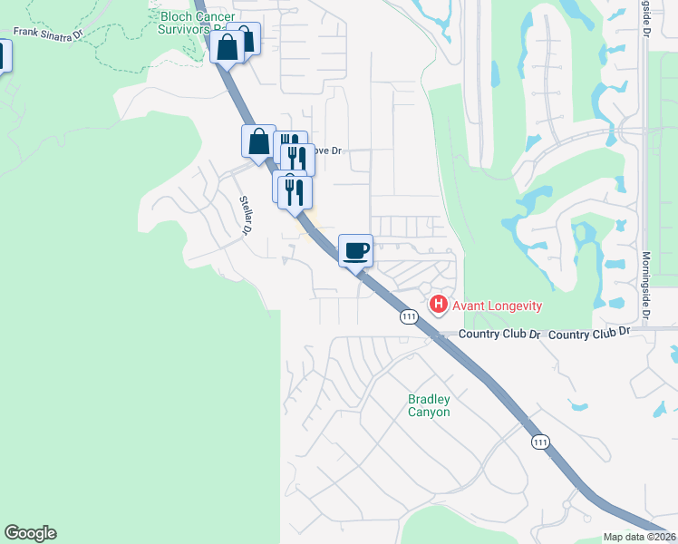 map of restaurants, bars, coffee shops, grocery stores, and more near 70177 California 111 in Rancho Mirage