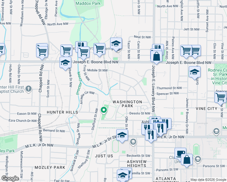map of restaurants, bars, coffee shops, grocery stores, and more near 1069 Ollie Circle Northwest in Atlanta
