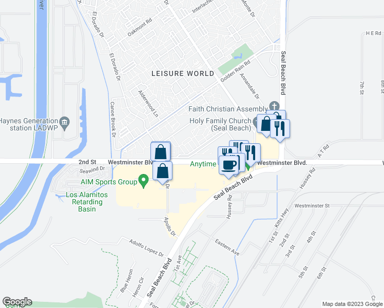 map of restaurants, bars, coffee shops, grocery stores, and more near 1503 Monterey Road in Seal Beach