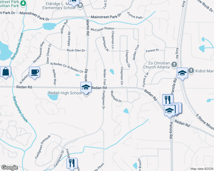 map of restaurants, bars, coffee shops, grocery stores, and more near 1151 Redan Trail in Stone Mountain