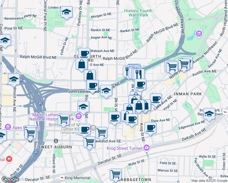 map of restaurants, bars, coffee shops, grocery stores, and more near 223 Randolph Street Northeast in Atlanta