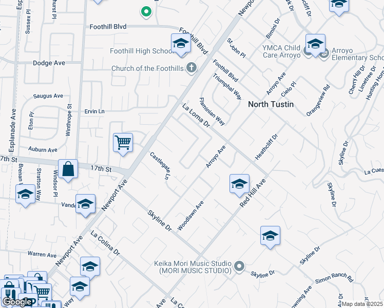 map of restaurants, bars, coffee shops, grocery stores, and more near 11891 Gladstone Drive in Santa Ana