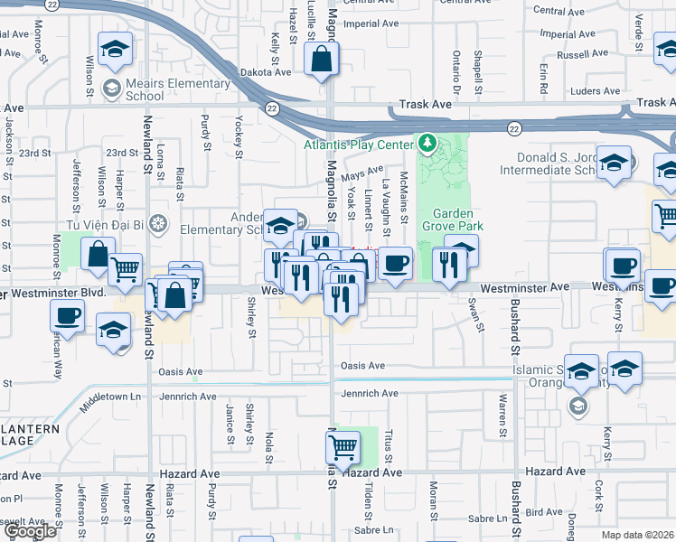 map of restaurants, bars, coffee shops, grocery stores, and more near 13912 Magnolia Street in Garden Grove
