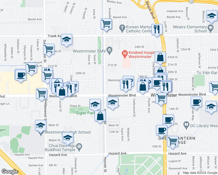 map of restaurants, bars, coffee shops, grocery stores, and more near 13830 Hoover Street in Westminster