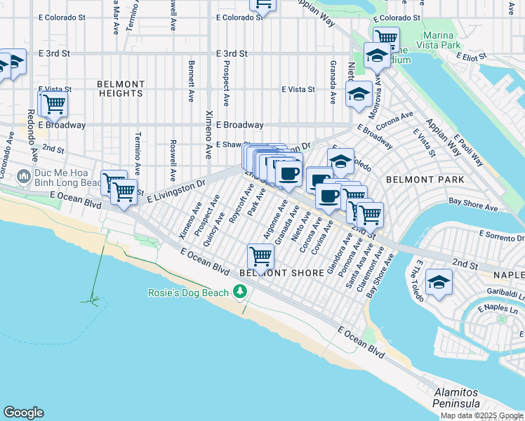 map of restaurants, bars, coffee shops, grocery stores, and more near 166 Park Avenue in Long Beach