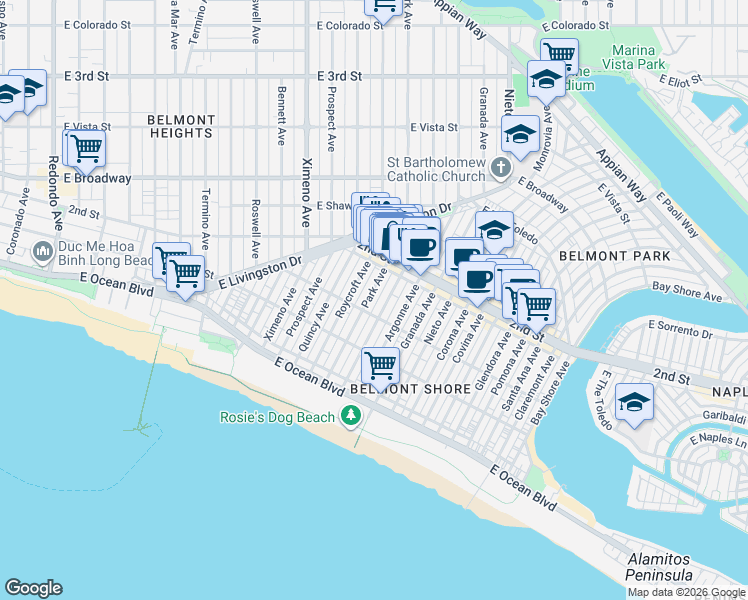 map of restaurants, bars, coffee shops, grocery stores, and more near 166 Park Avenue in Long Beach