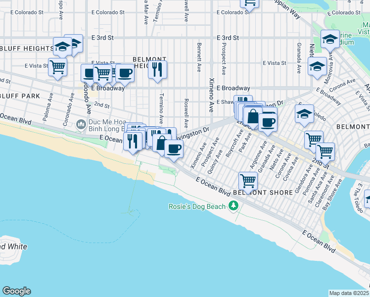 map of restaurants, bars, coffee shops, grocery stores, and more near 130 East 1st Street in Long Beach