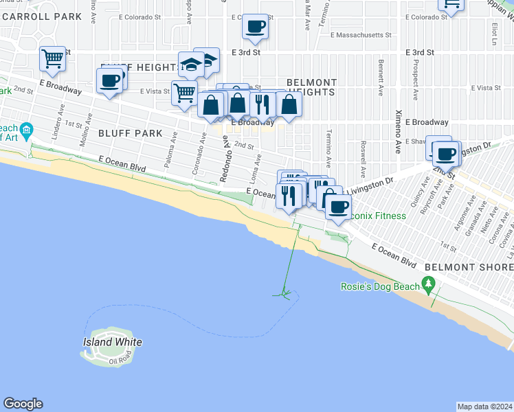 map of restaurants, bars, coffee shops, grocery stores, and more near 8 South 36th Place in Long Beach