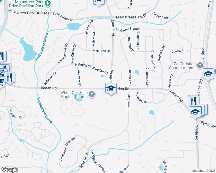 map of restaurants, bars, coffee shops, grocery stores, and more near 1144 Martin Road in Stone Mountain