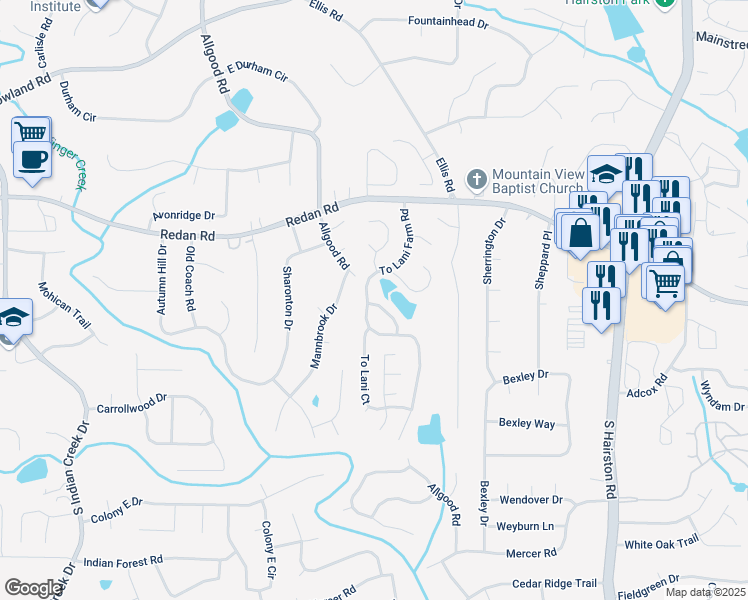 map of restaurants, bars, coffee shops, grocery stores, and more near 1188 To Lani Farm Road in Stone Mountain