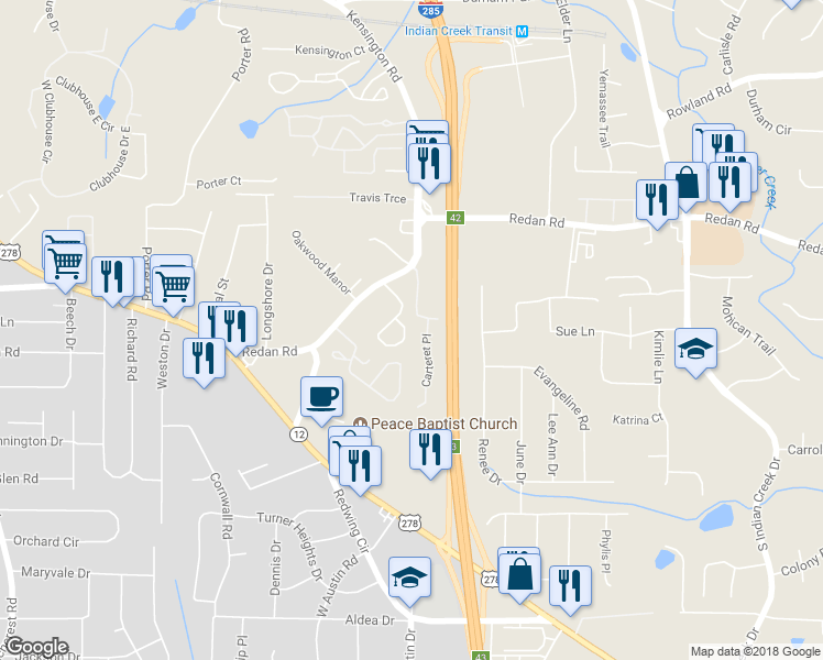 map of restaurants, bars, coffee shops, grocery stores, and more near 3820 London Drive in Decatur