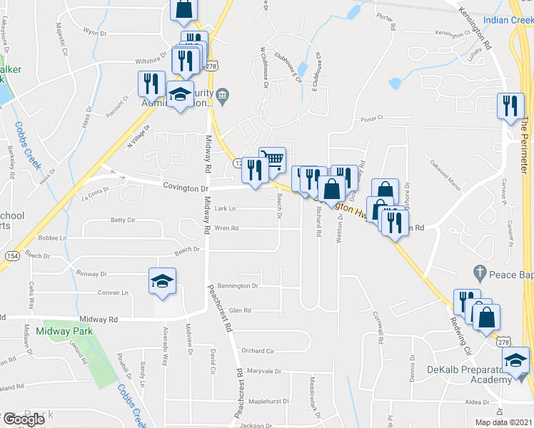 map of restaurants, bars, coffee shops, grocery stores, and more near 3550 Beech Drive in Decatur