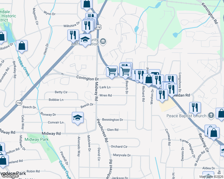 map of restaurants, bars, coffee shops, grocery stores, and more near 3429 Lark Lane in Decatur