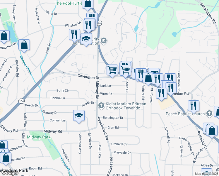 map of restaurants, bars, coffee shops, grocery stores, and more near 3404 Lark Lane in Decatur
