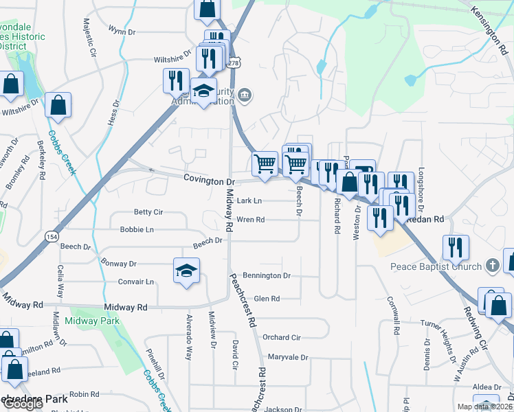 map of restaurants, bars, coffee shops, grocery stores, and more near 3404 Lark Lane in Decatur