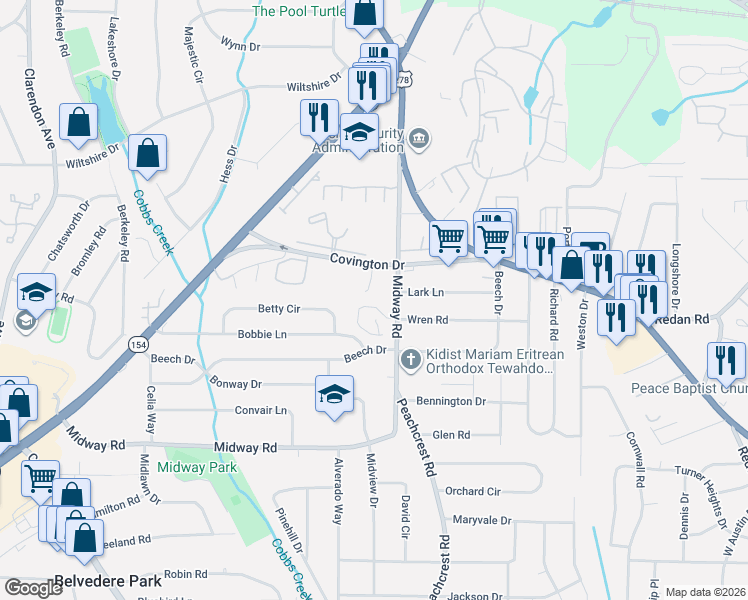 map of restaurants, bars, coffee shops, grocery stores, and more near in Belvedere Park