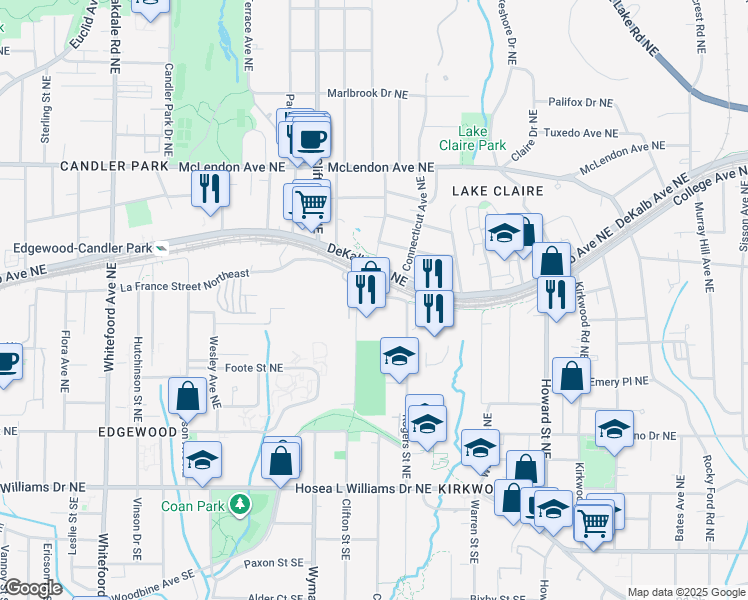 map of restaurants, bars, coffee shops, grocery stores, and more near 259 Rogers Street Northeast in Atlanta