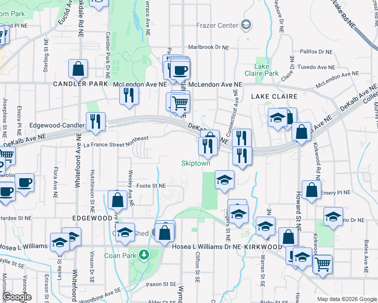map of restaurants, bars, coffee shops, grocery stores, and more near 1661 La France Street Northeast in Atlanta