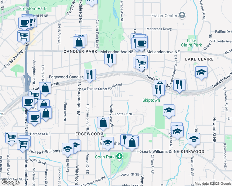 map of restaurants, bars, coffee shops, grocery stores, and more near 276 Carlyle Park Drive in Atlanta