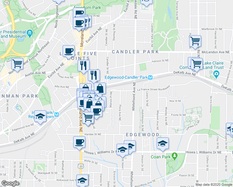 map of restaurants, bars, coffee shops, grocery stores, and more near in Atlanta