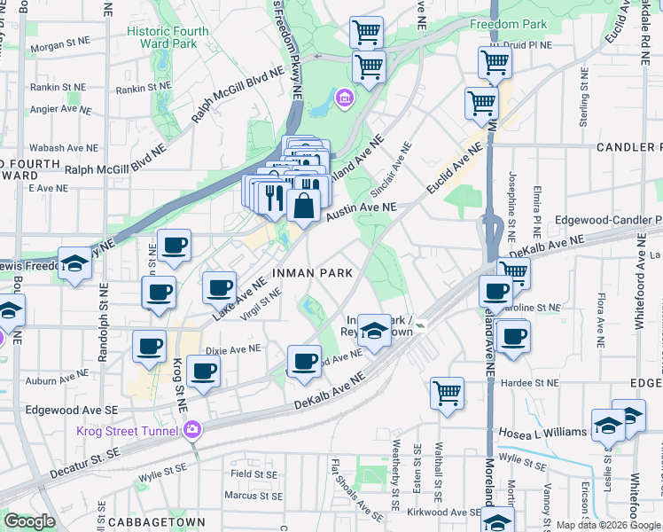 map of restaurants, bars, coffee shops, grocery stores, and more near 926 Waverly Way Northeast in Atlanta