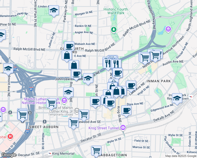 map of restaurants, bars, coffee shops, grocery stores, and more near 223 Randolph Street Northeast in Atlanta
