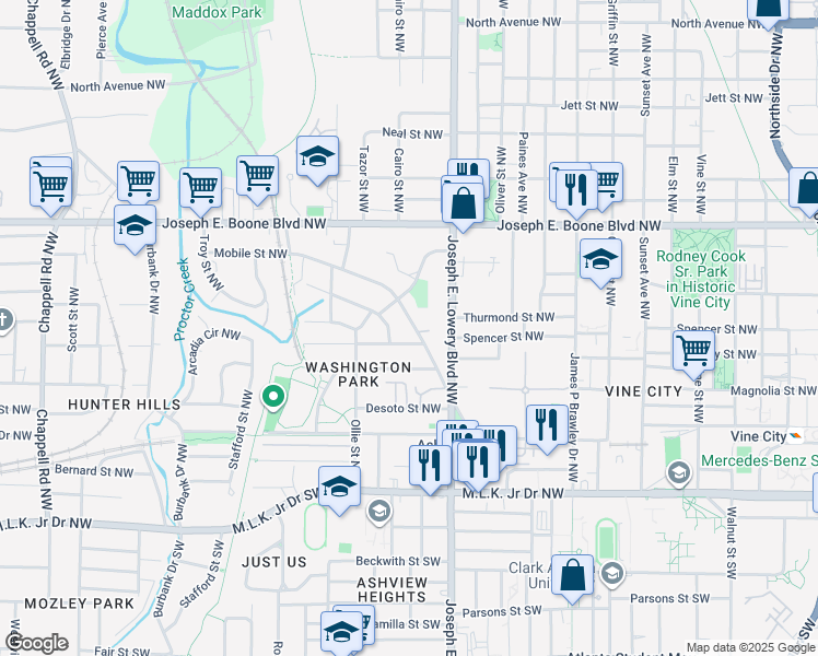 map of restaurants, bars, coffee shops, grocery stores, and more near 995 Mayson Turner Road Northwest in Atlanta