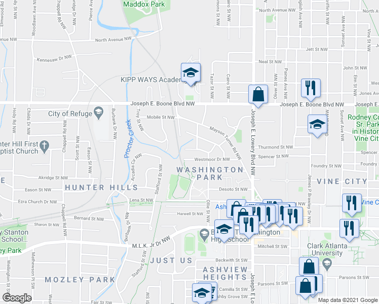 map of restaurants, bars, coffee shops, grocery stores, and more near 1069 Ollie Circle Northwest in Atlanta