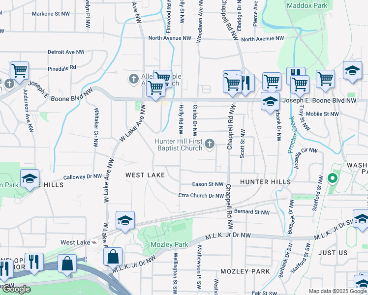 map of restaurants, bars, coffee shops, grocery stores, and more near 175 Holly Road Northwest in Atlanta